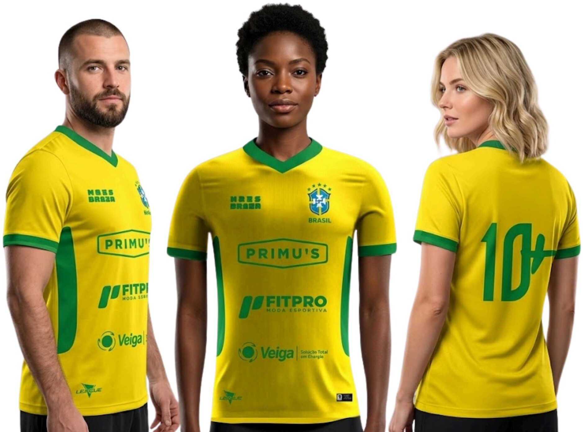Camiseta oficial da Seleção Mais Braza, três modelos vestindo